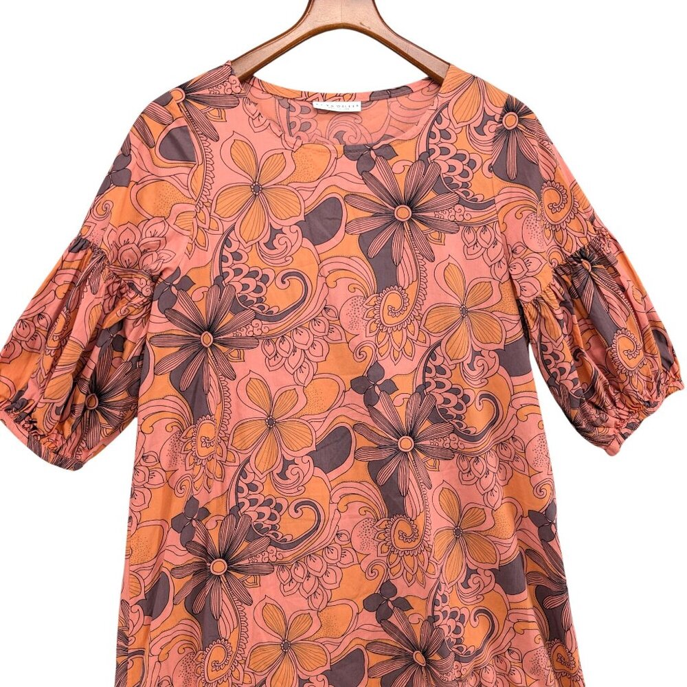 Bryn Walker Mini Shirt Dress Orange Pink Floral Puff Sleeve Peasant Boho Size S - Picture 3 of 9